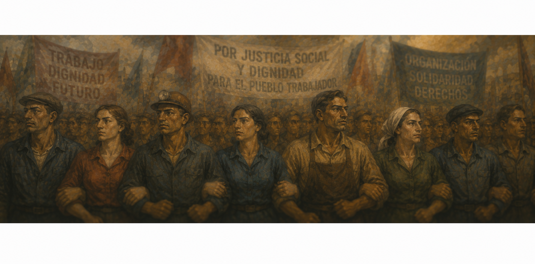 Mural de trabajadores con carteles que dicen Por Justicia Social y Dignidad